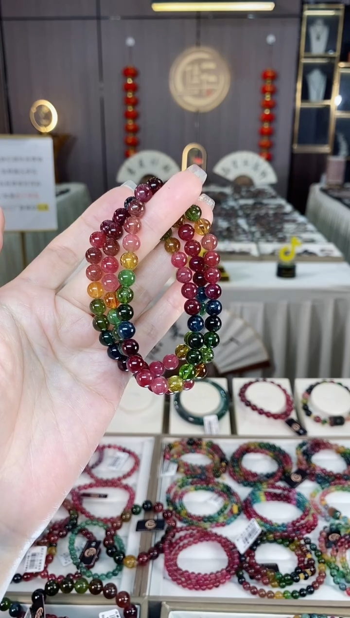 未镶嵌老矿碧玺色标彩虹三圈手串7mm+碧玺dan多样性发货一条