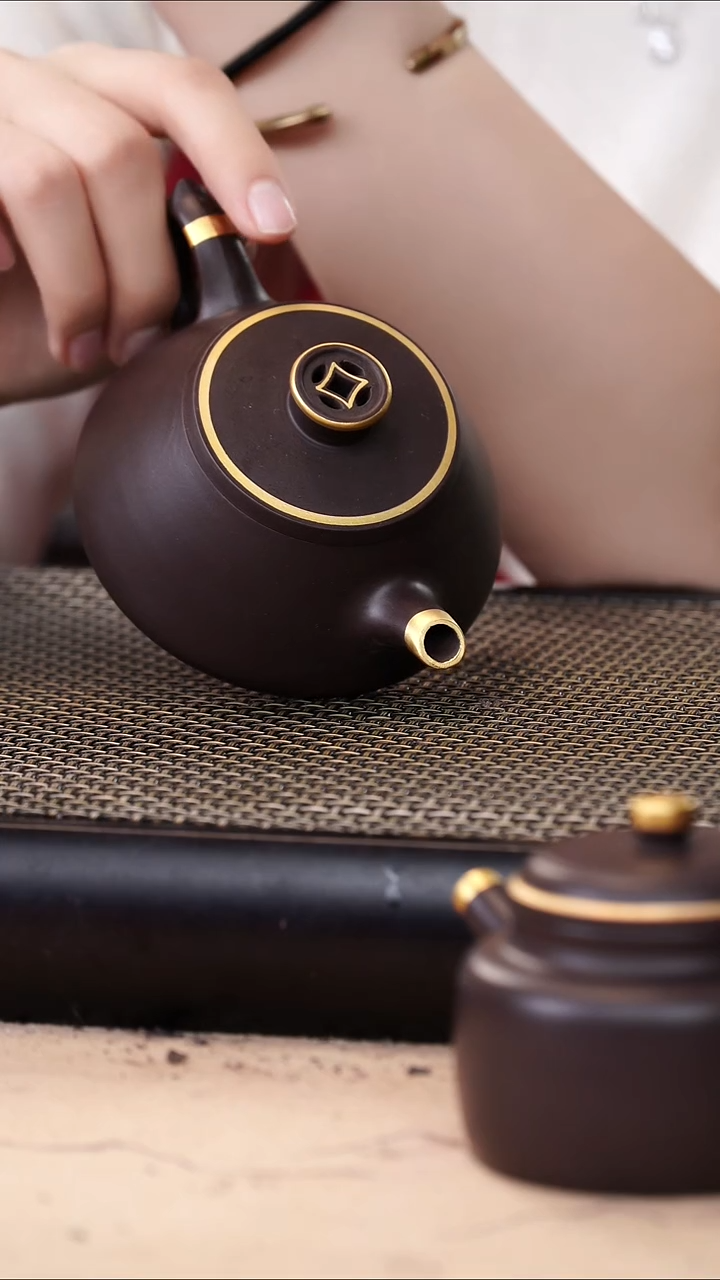 茶壶紫砂四号井茄皮紫泥描金钱币钮飞把石瓢160cc