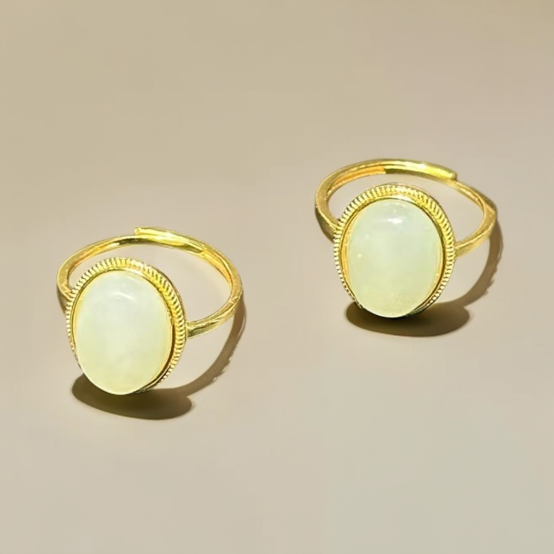 天然和田玉 银镶白玉开口戒（多样性 拍一发一）0052