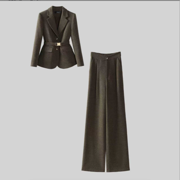 6638秋冬新款斜纹重工时尚显瘦西装套装设计感西服阔腿裤套装