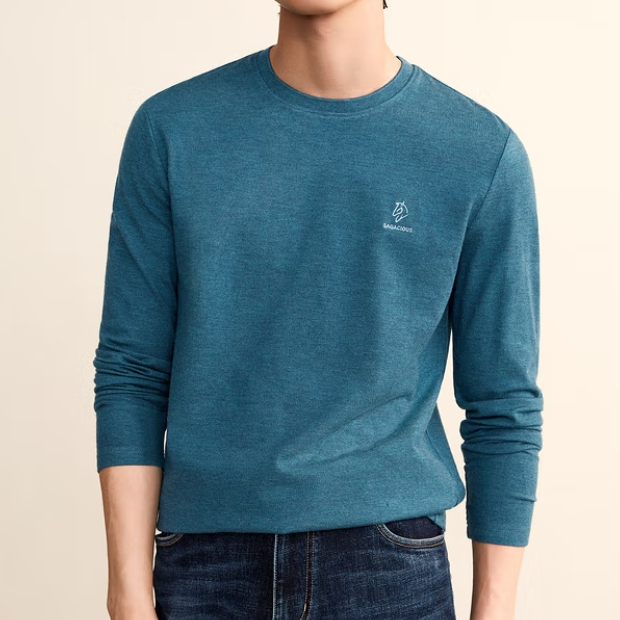 长袖T恤亲肤男士打底T恤秋季圆领刺绣上衣弹力休闲T恤长款毛衣