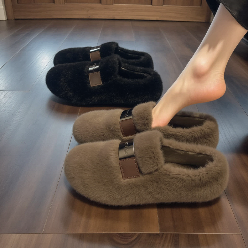 【兔毛绒】毛毛鞋女冬外穿时尚金属扣圆头平底软底一脚蹬加绒单鞋