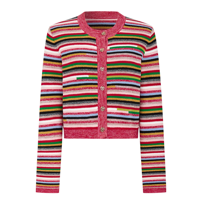 【诗语专属】曼德诗短款开衫新款棉质修身条纹针织衫M731309170