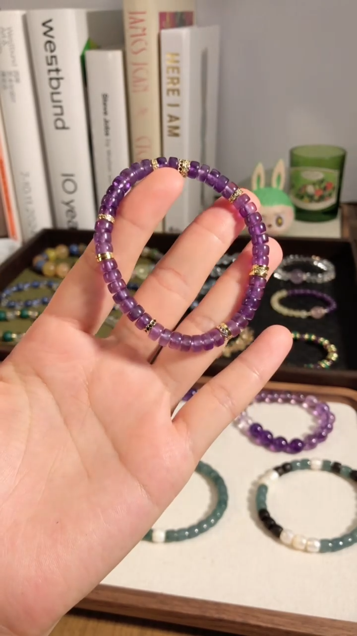 合金水晶｜紫水药片手串6mm