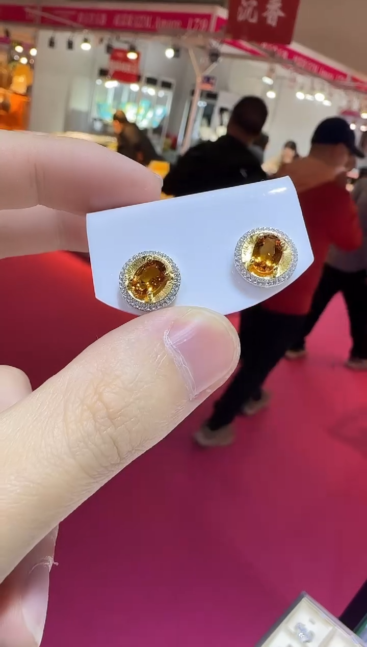 银S925镶嵌耳饰黄晶6*8mm耳钉