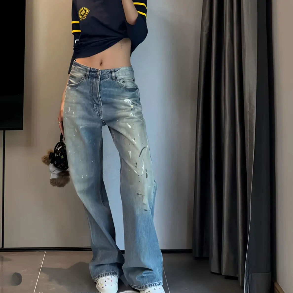 AC-2021泼墨脏脏裤直筒裤水洗牛仔裤男女同款2025新款