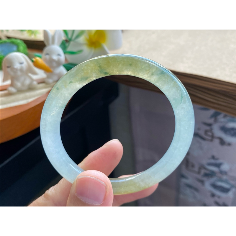 天然翡翠10.19批冰黄飘花圆条9585号51.4-7-7.9 双色天然翡翠手镯