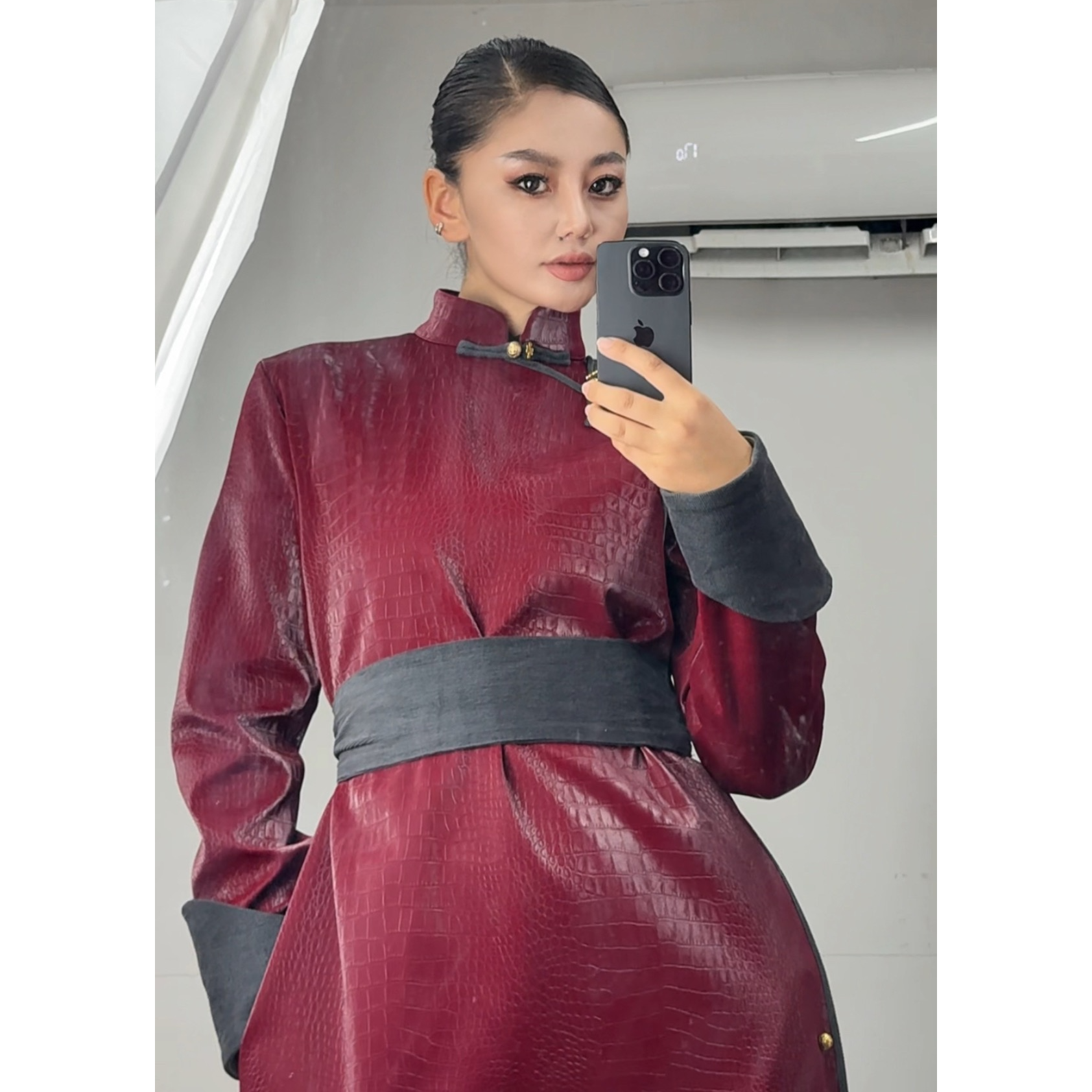 【DEJ013民族服饰】鄂皮酒红色秋季款蒙古袍