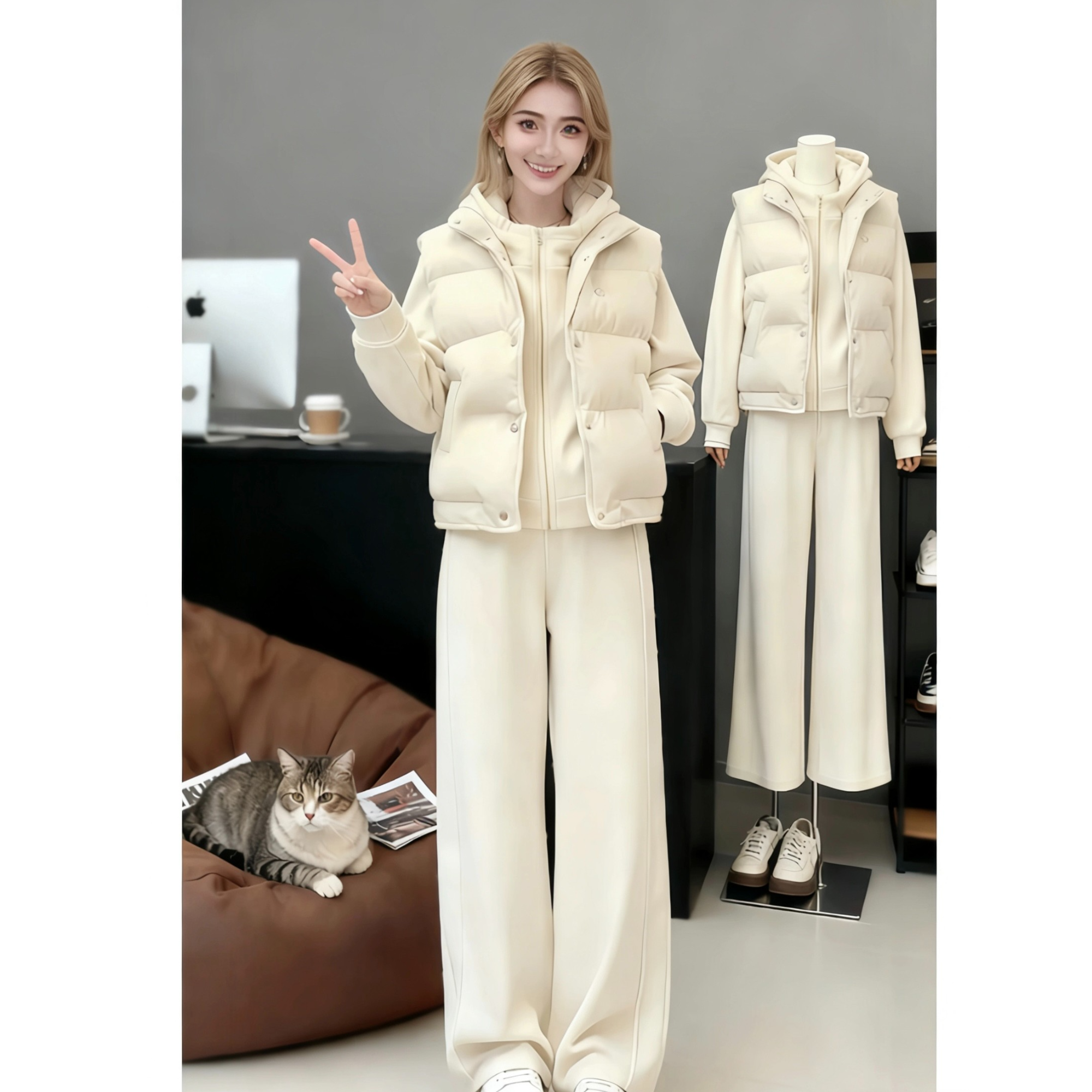 2025秋冬新款女生运动三件套时尚拉链连帽上衣保暖棉服马甲运动裤