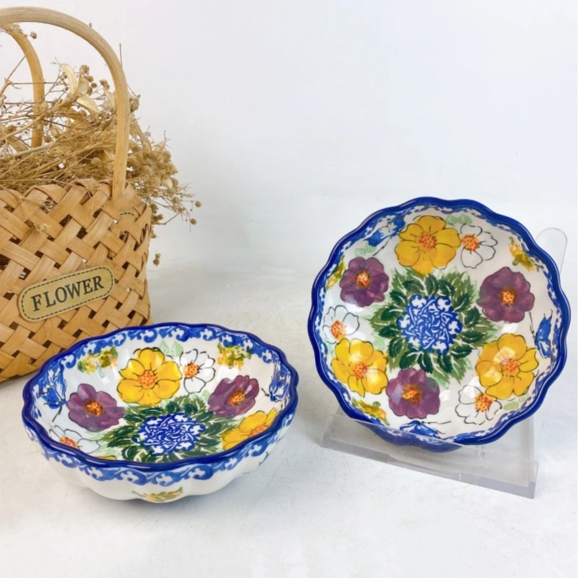 新疆包邮【万紫嫣红】人工手绘釉下彩时尚美观8.5寸波浪盘两只装