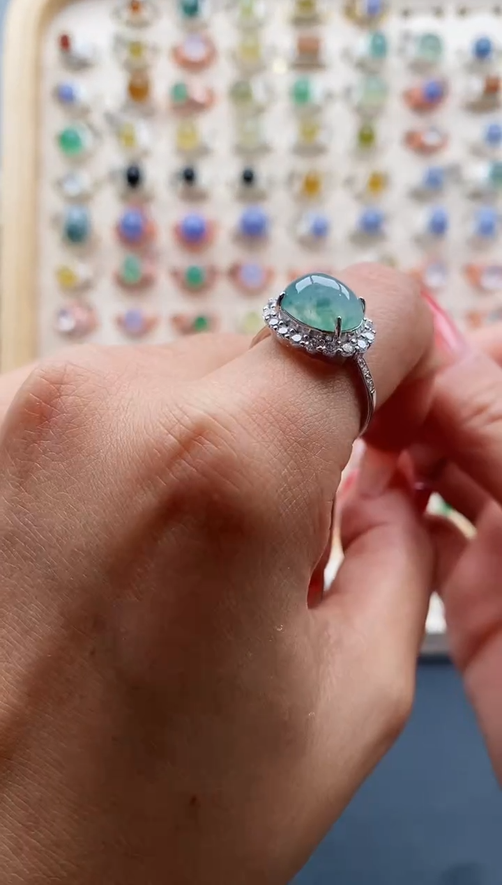 【闪购商品】翡翠戒指银S925镶嵌缅甸天然A货翡翠222 9+4