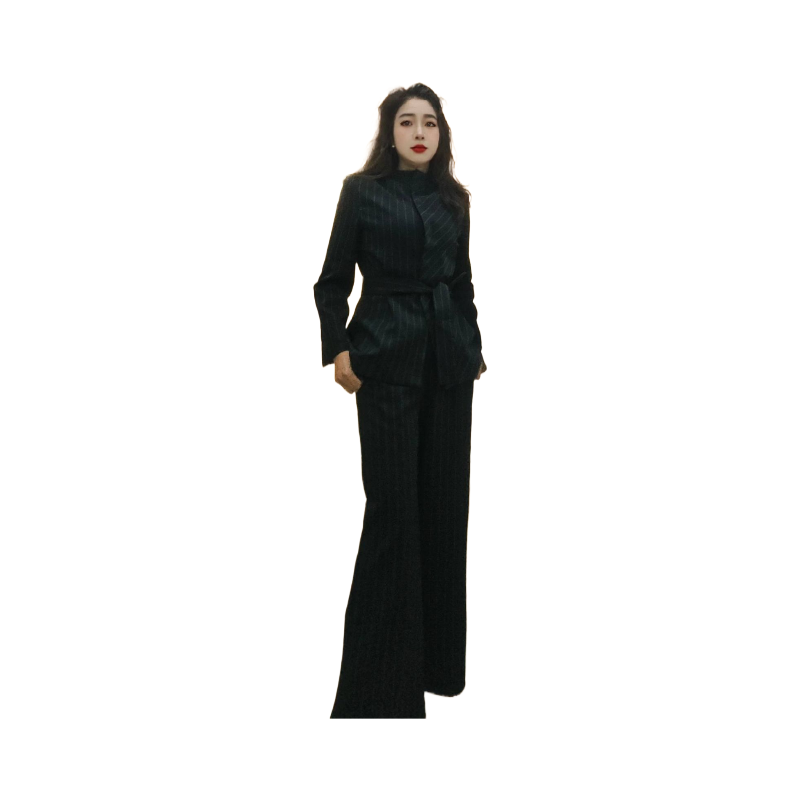 设计感时尚高腰修身条纹黑色职业西装上衣秋季气质显瘦西服套装