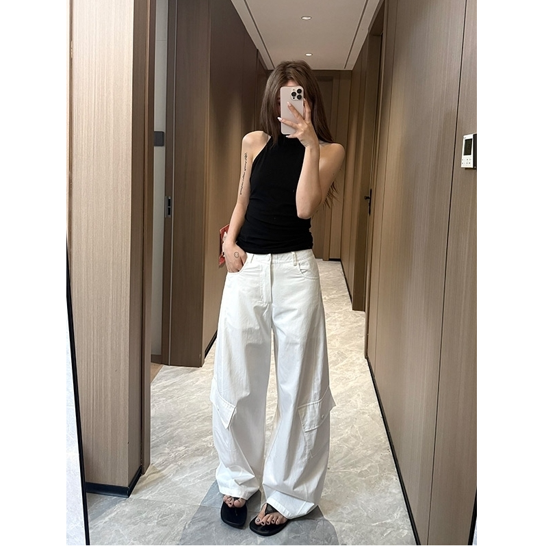美式复古多口袋白色工装裤男女款秋季高腰宽松阔腿拖地裤弯刀裤子