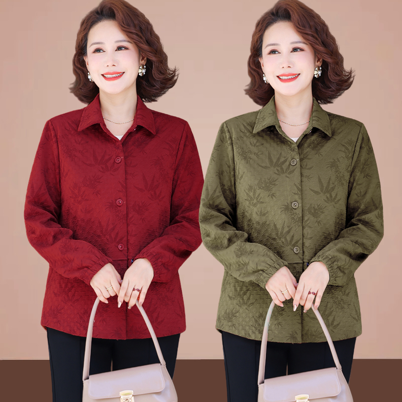 休闲风妈妈装秋装薄款春装秋季外套翻领纽扣女长袖大码春秋奶奶装