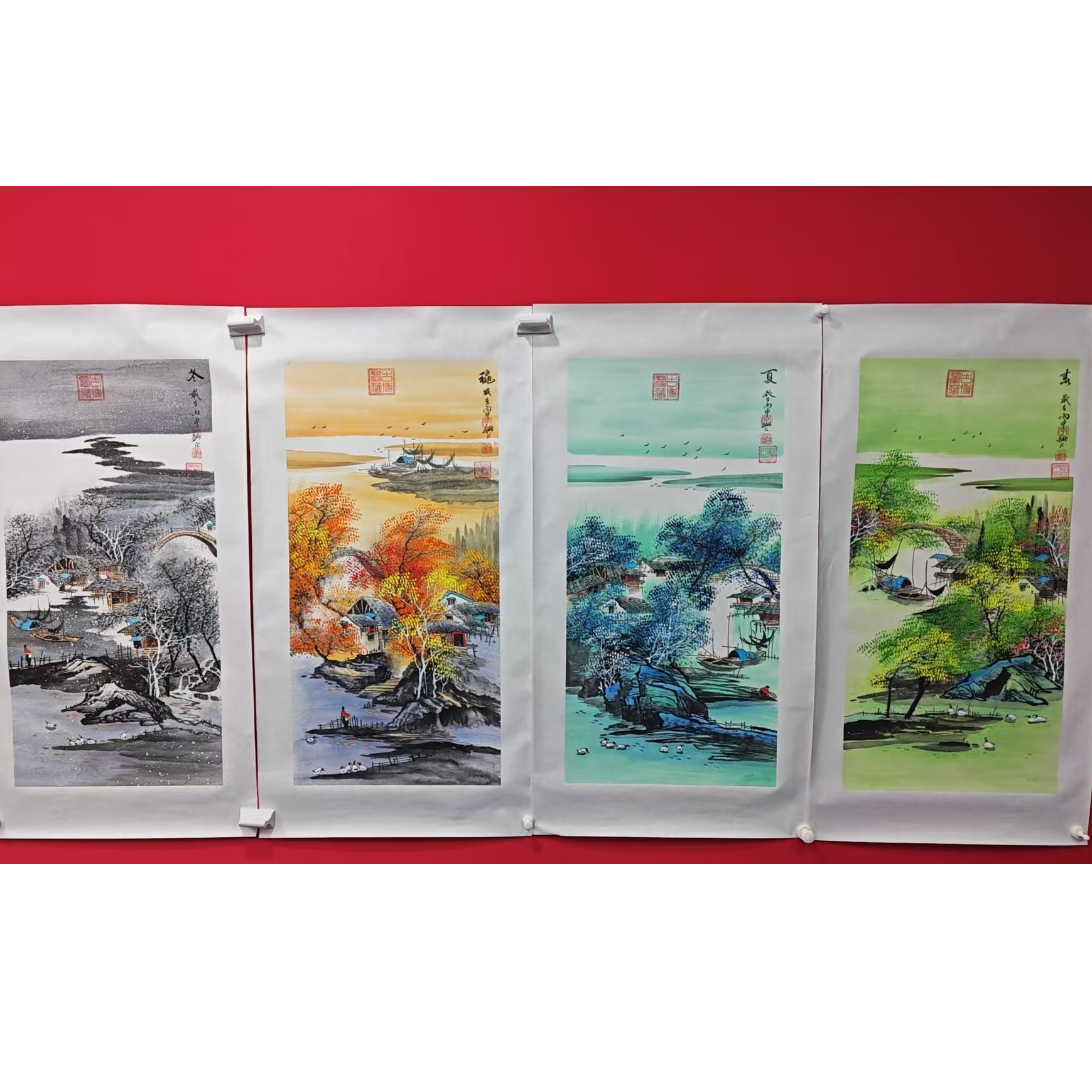 李新社手绘宣纸春夏秋冬-组画100*50*4山水画