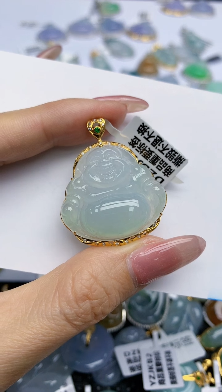 【闪购商品】翡翠挂件18K金镶嵌天然翡翠A货