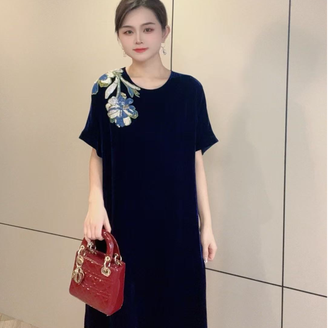YS198蓝色真丝丝绒散片花女士桑蚕丝中长款连衣裙m121