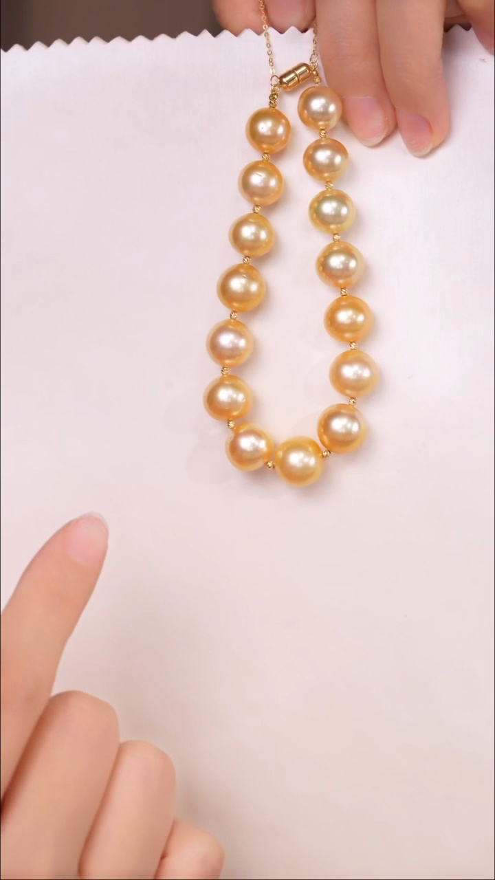 18K金镶嵌海水珍珠手链金珠10-12mm