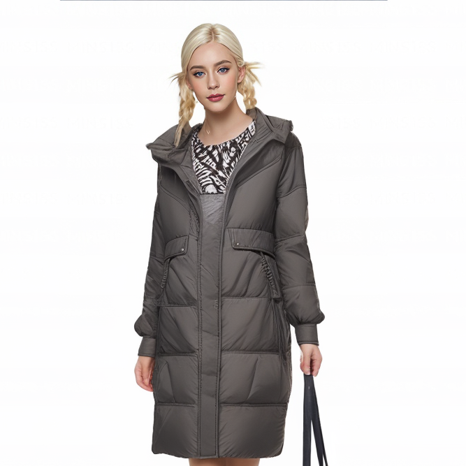 0923长款印花编织兜羽绒服黑色（M衣长91左右）