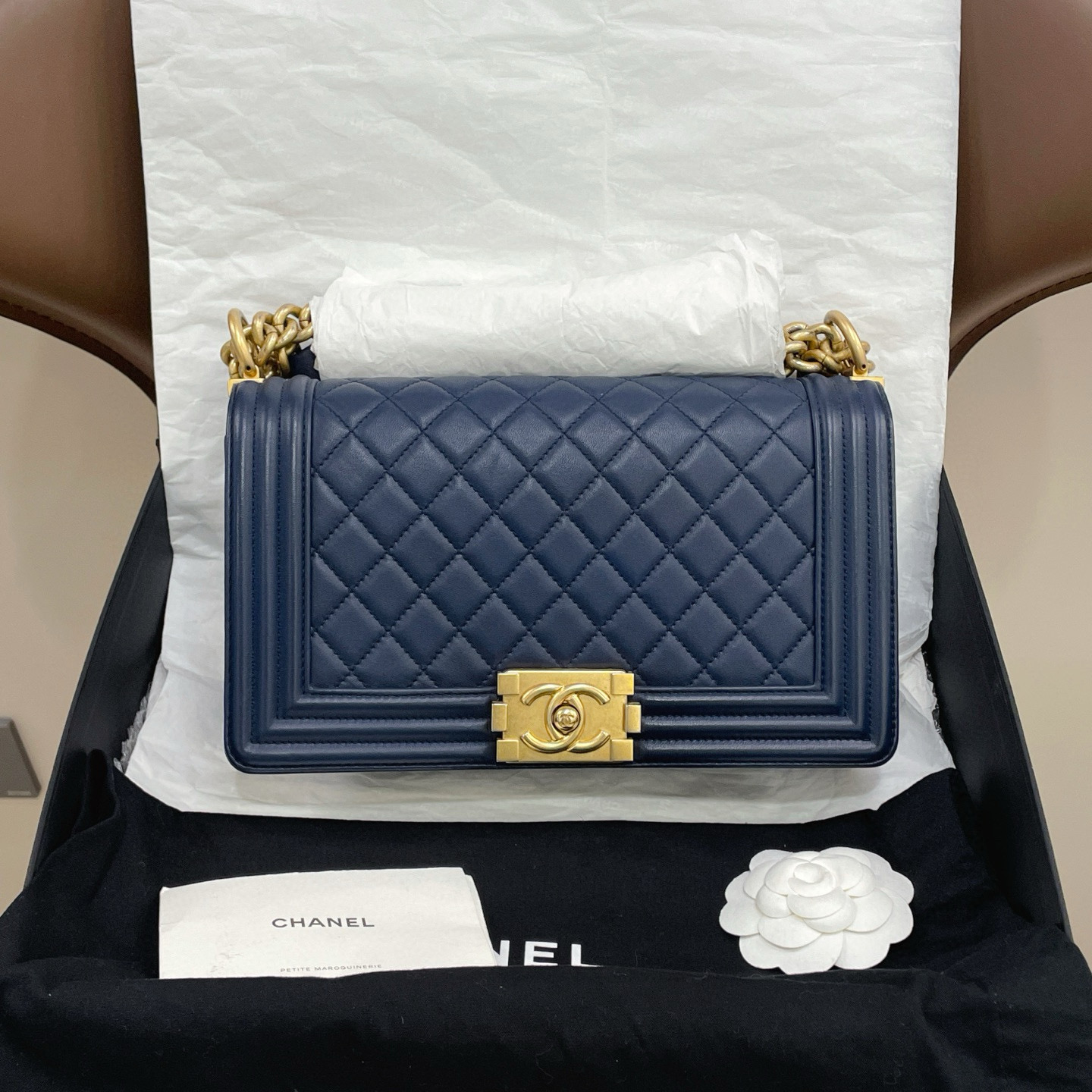 95新 Chanel/香奈儿  97新leboy中号羊皮深蓝色单肩包