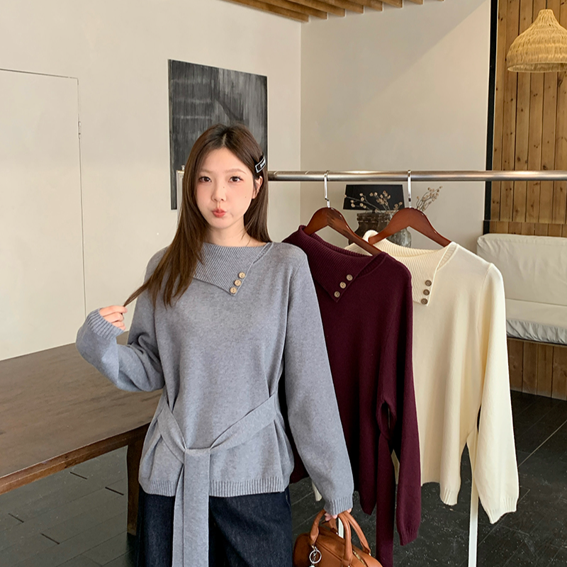 2025秋冬新款胖mm大码女时尚高级感翻领长袖针织毛衣上衣 72073