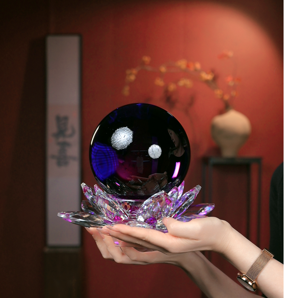 大号紫色莲花水晶球开业乔迁礼品客厅摆件转运珠水晶居家摆件