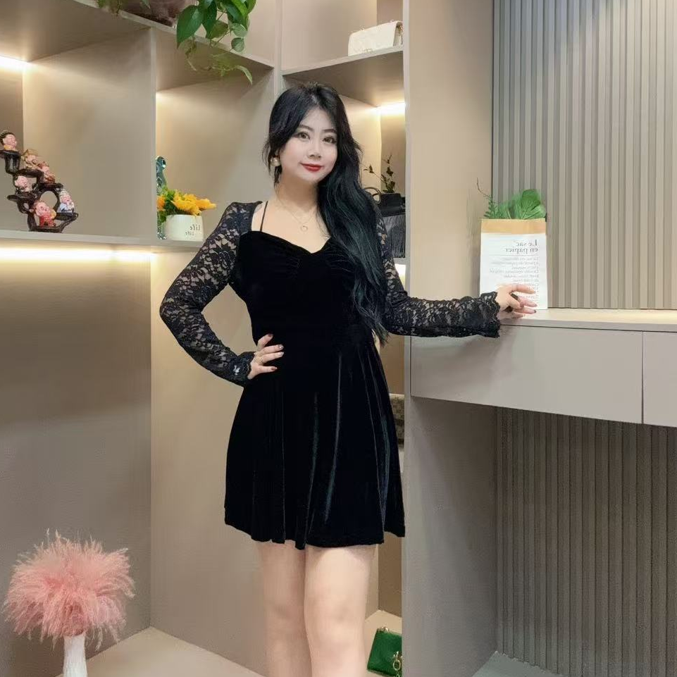 秋季连衣裙-冠 3676秋季大码时尚收腰气质显瘦拼接蕾丝袖连衣裙