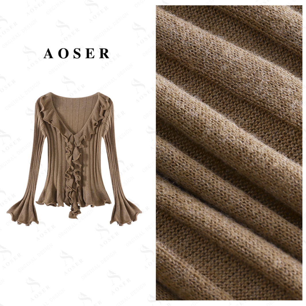 AOSER时尚花边长袖针织款收腰红色显瘦荷叶边女装2531