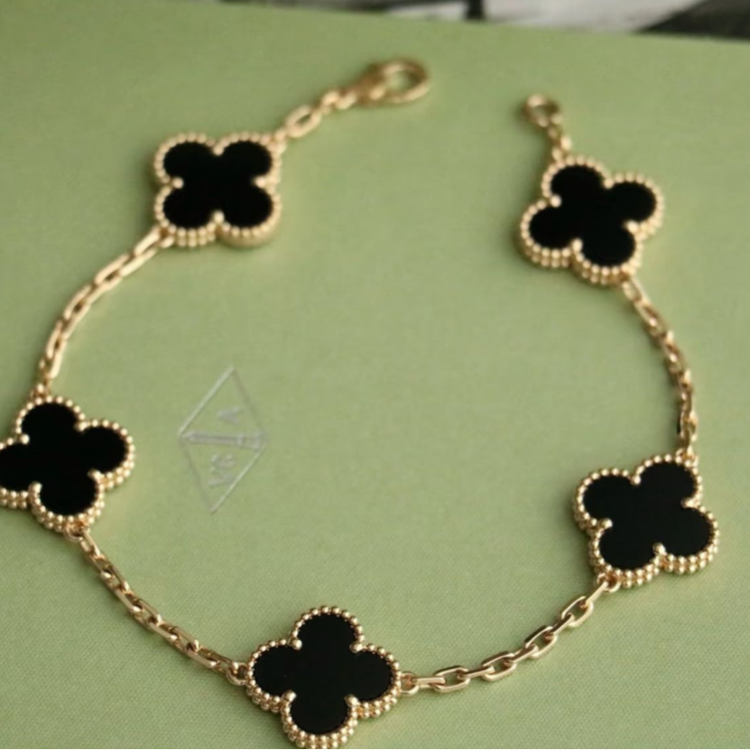 99新 梵克雅宝 小花6枫 中号五花手链 新扣 18K黄金/缟玛瑙