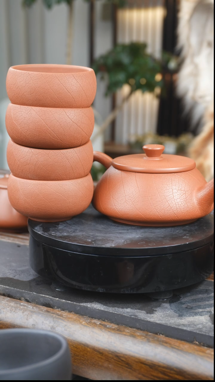 【闪购商品】建水紫陶复烧石瓢菩提纹一壶4菩提纹杯