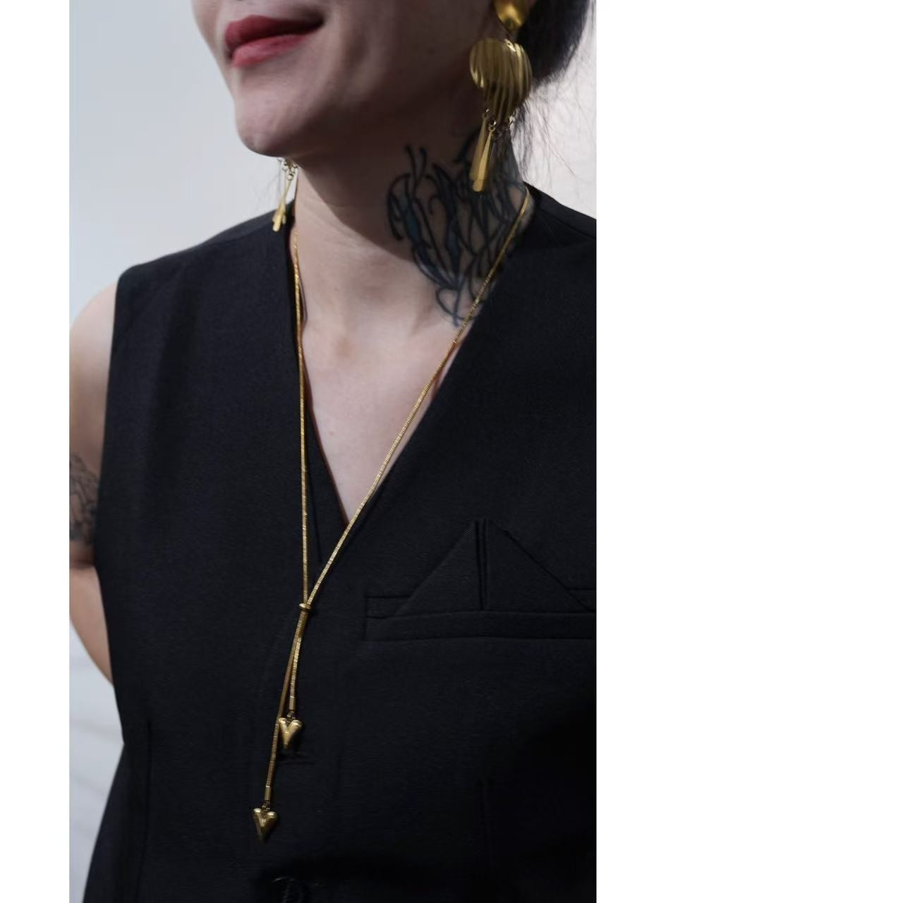 钛钢项链 H5636两心相伴项链金色毛衣链长款简约