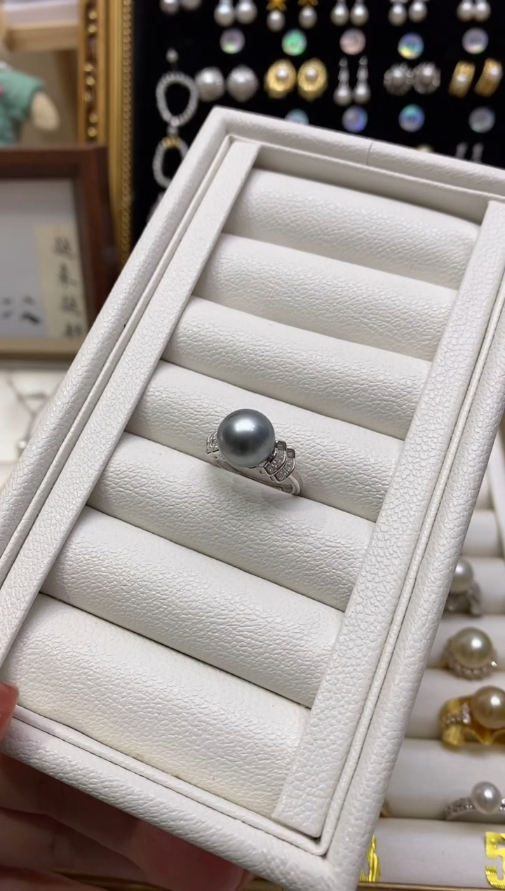 【闪购商品】海水珍珠戒圈银S925镶嵌大溪地铂金灰10-11mm