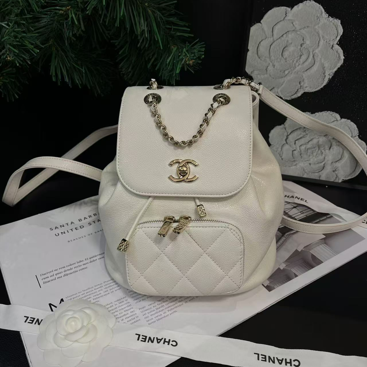 95新 Chanel/香奈儿 芯片款白金Affinity小号双肩包G7266