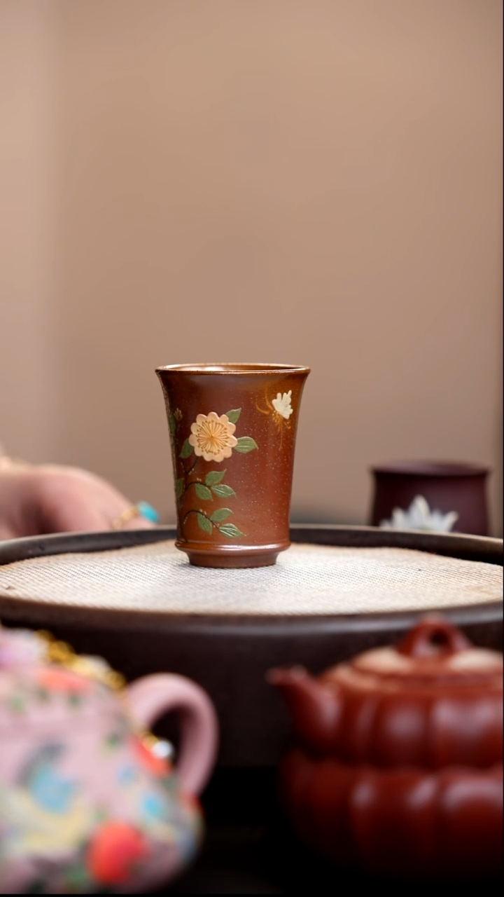 茶壶紫砂柴烧闻香杯泥绘花