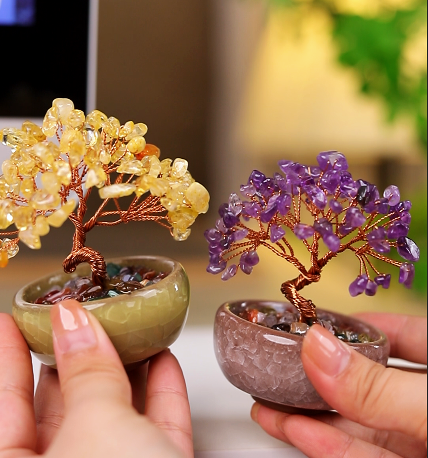 新款天然水晶碎石发财树手工编织家居迷你水晶树小摆件新中式盆景