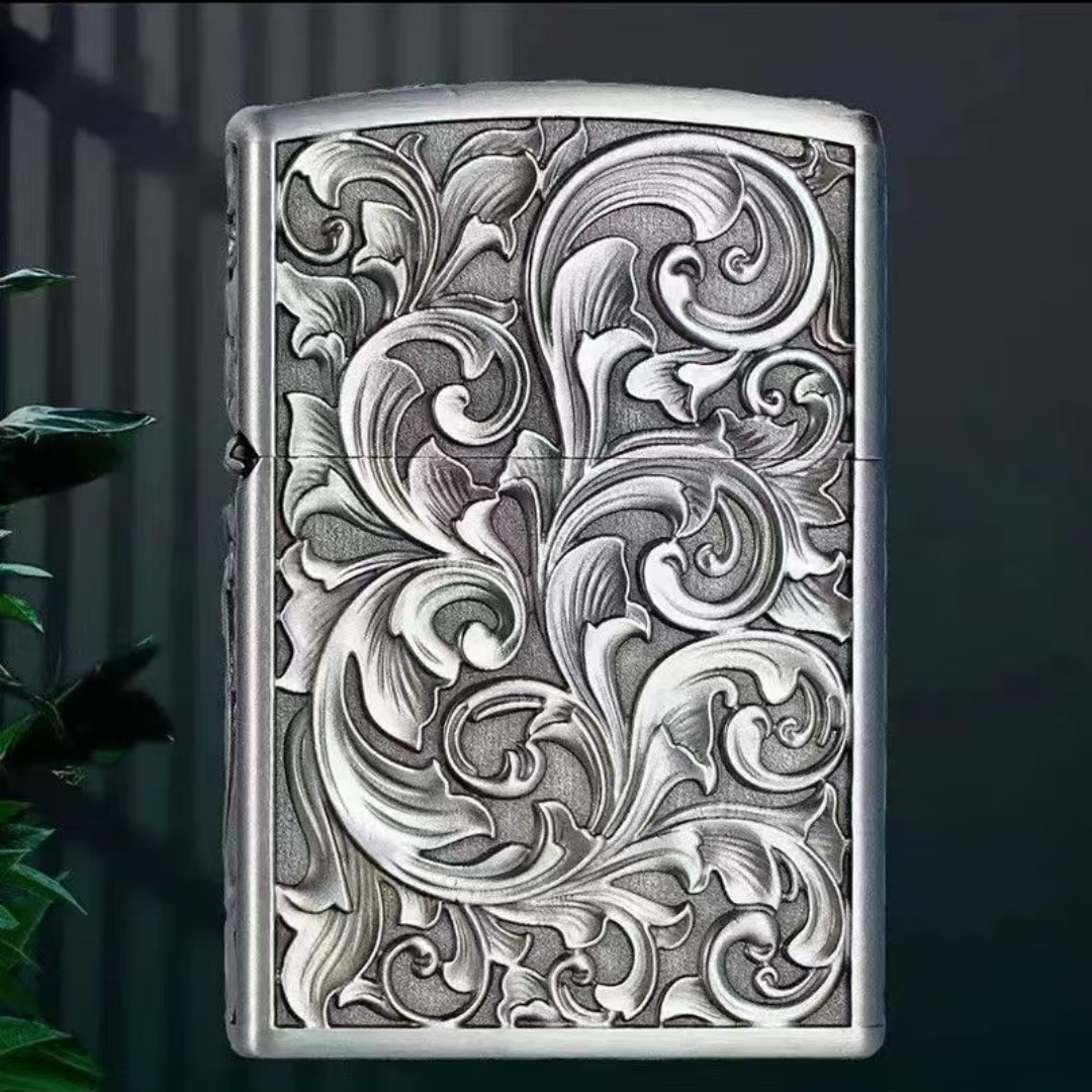 银色-  盔甲浮雕五面唐草花  手雕经典双面仿古创意煤油打火机