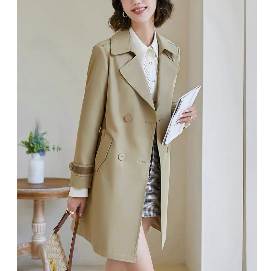 【230款】2025新款春季女装西服领两排扣中长风衣外套