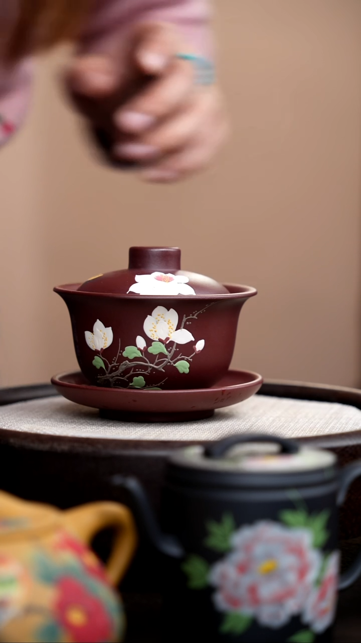 茶壶紫砂紫泥白玉兰三才盖碗