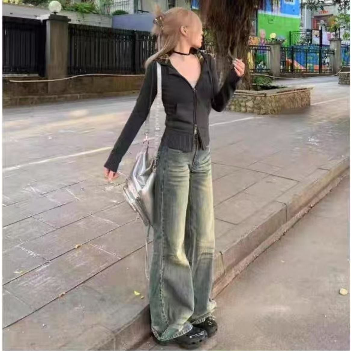 胖鹅张~”洗水味重！需要通风！“美式复古猫爪纹阔腿一点微喇裤#5756