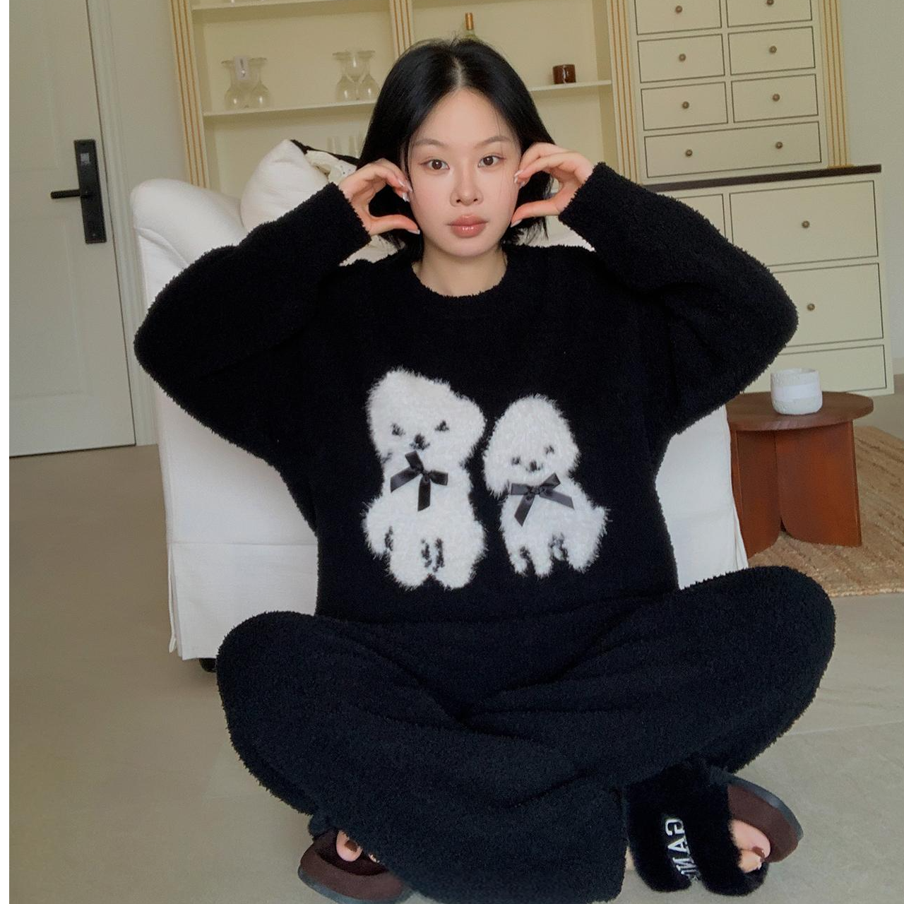 半边绒绅士蝴蝶结狗狗圆领套装家居服可外穿睡衣时尚宽松保暖冬季