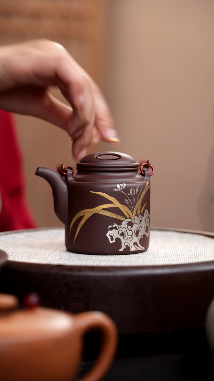 【闪购商品】紫砂茶壶紫泥洋桶金银错兰花