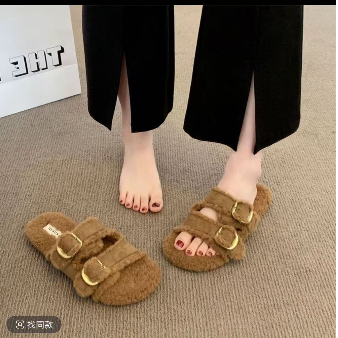 M【绒拖鞋-双扣拖鞋-咖】软底毛毛鞋女新款加绒厚底防滑棉拖鞋