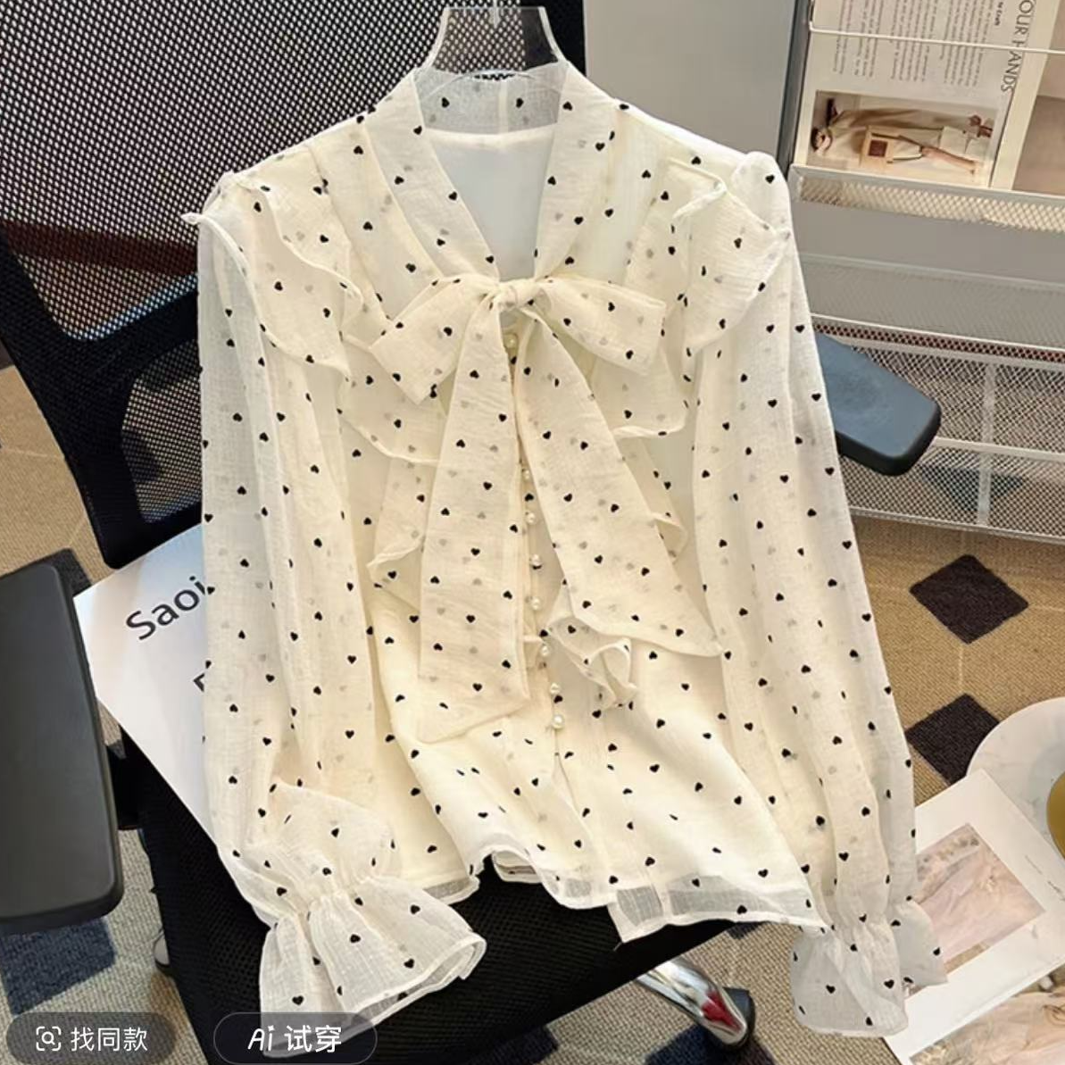 法式波点雪纺上衣女春蝴蝶结小衫气质名媛甜美荷叶边泡泡长袖衬衫