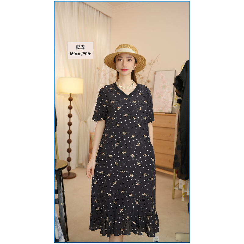【佛系小象】V领双绉100桑蚕丝2025夏季新款鱼尾裙连衣裙2023-061