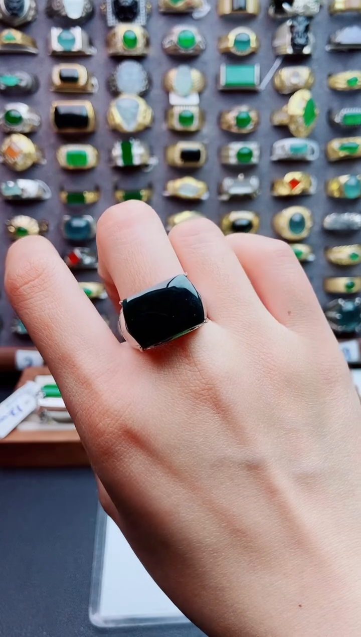 银S925镶嵌戒指翡翠智*天然翡翠男戒