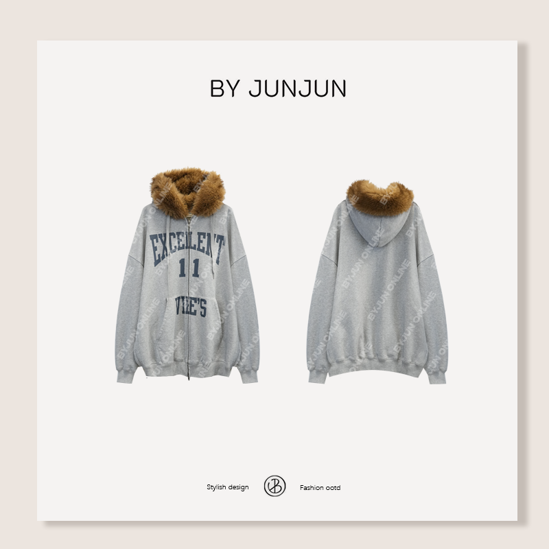 BYJUNJUN【大毛帽子】毛领磨毛软卫衣外套