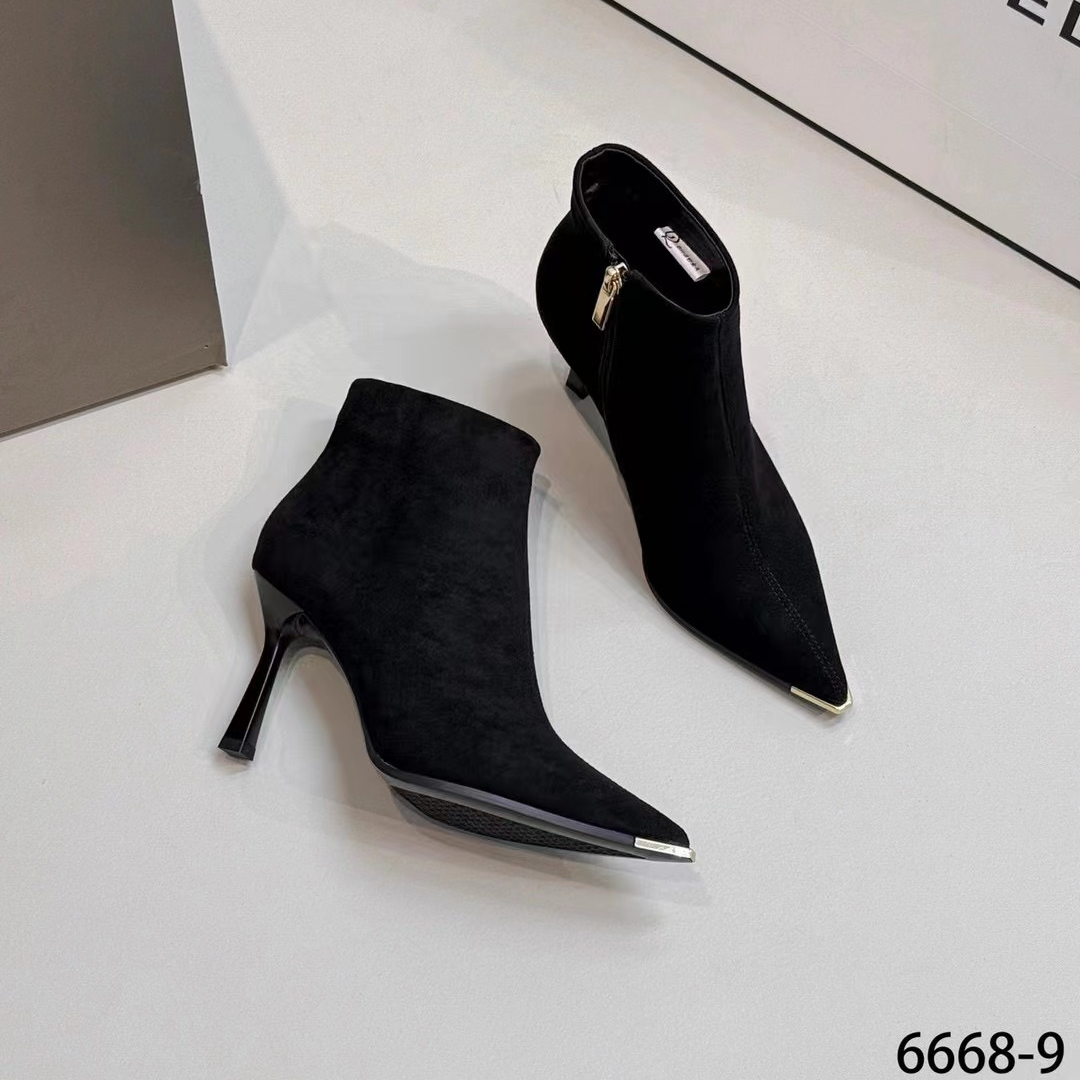 金属尖头细跟小短靴冬新款百搭弹力靴高跟瘦瘦靴8厘米（6668-9A）