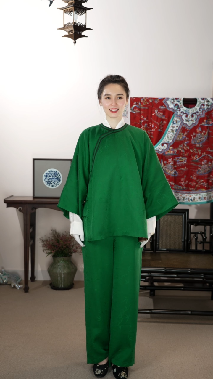 葳蕤国风绿色竹纹暗纹棉服加单层长裤套装福利出清