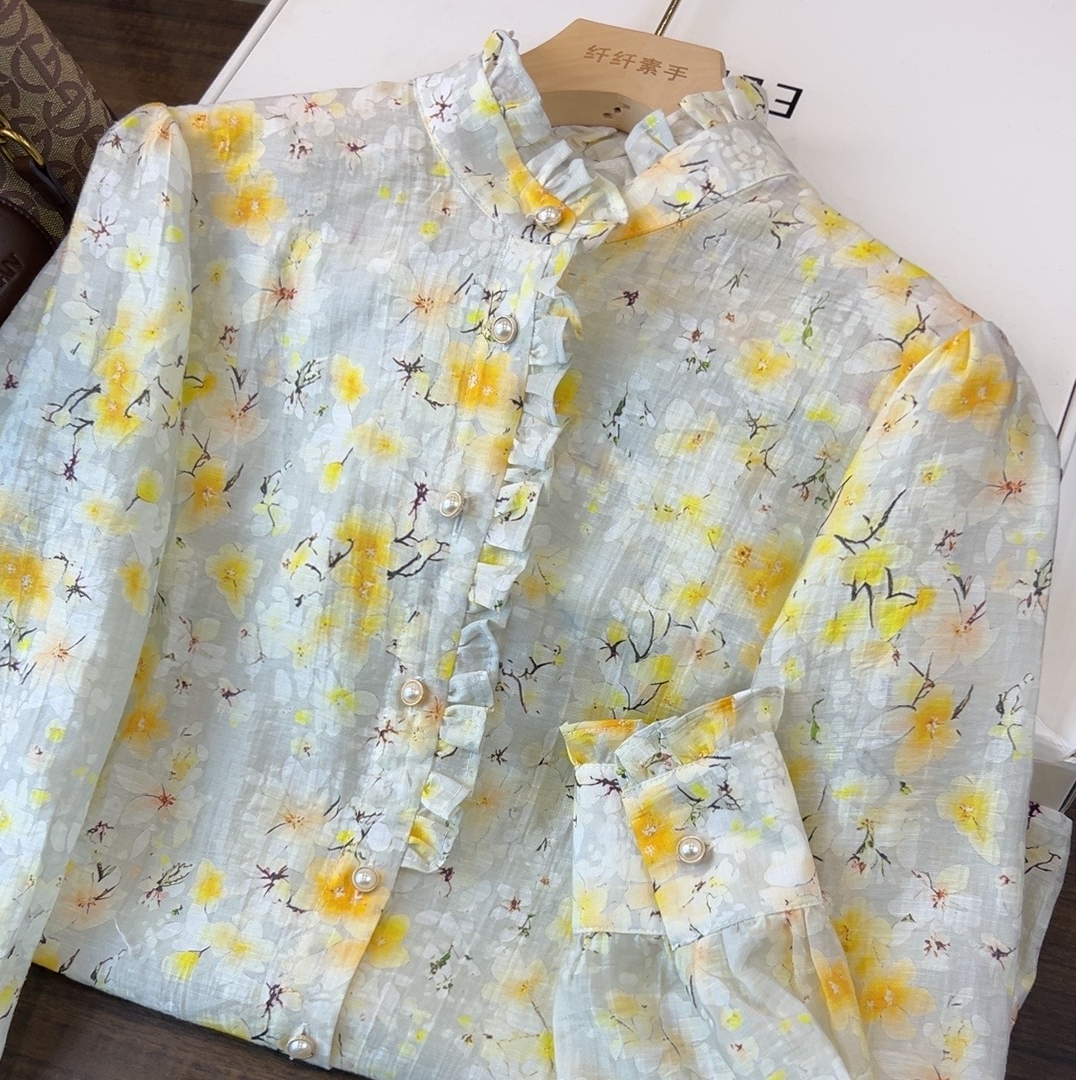 倩--CS1245莫奈花园系列《百灵》春款木耳花边领衬衫莱赛尔天丝面料