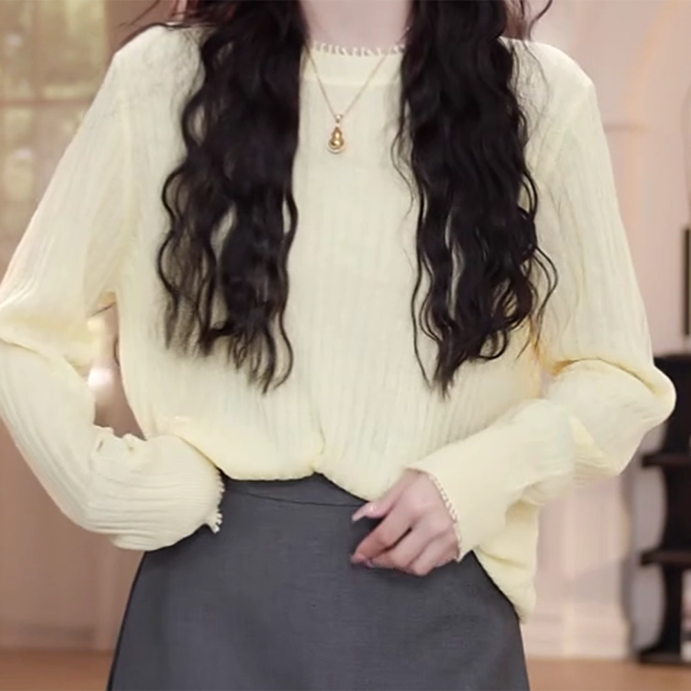 3468早春新款百搭显瘦薄款长袖柠檬黄显白韩版慵懒风针织女上衣